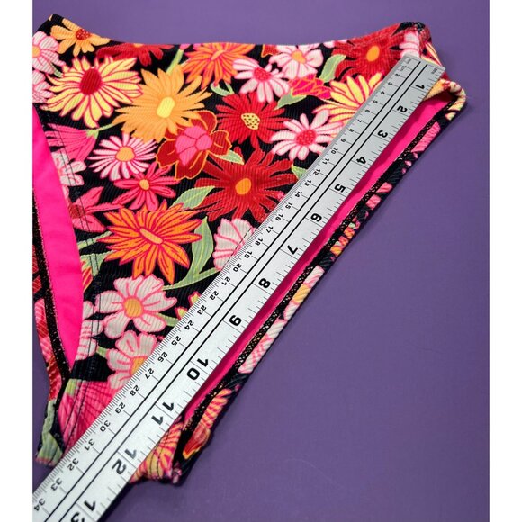 Wild Fable-Women's Ribbed High Waist High Leg Cheeky Bikini Bottom-Black/Pink-XS - Picture 6 of 12